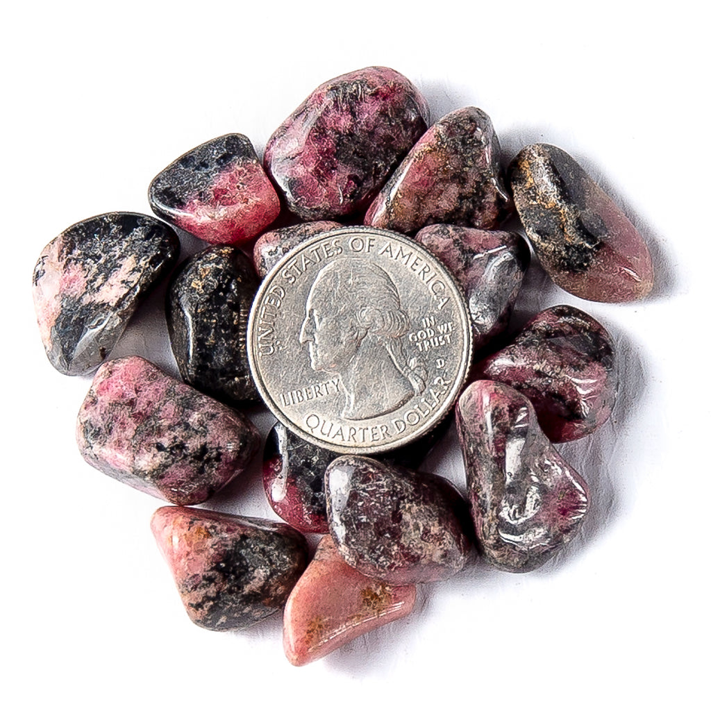 Small Tumbled Rhodonite Gemstones with a Quarter for Size