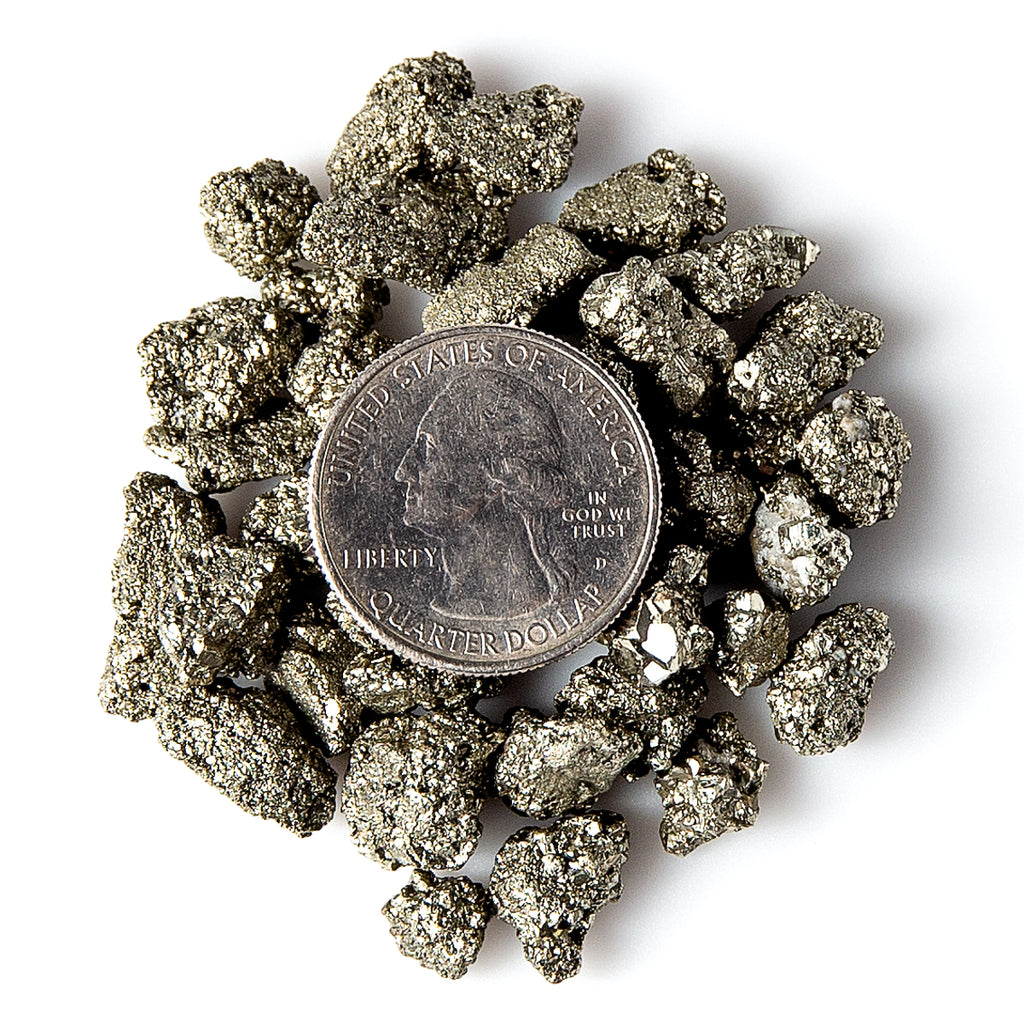 Extra Small Rough/Raw Iron Pyrite Gemstones with a Quarter for Size