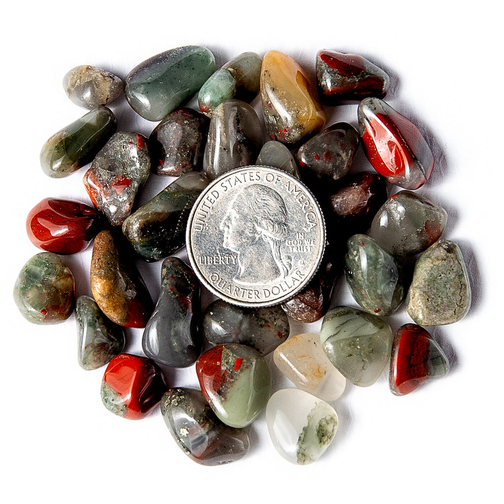 Tumbled Bloodstone Heliotrope Gemstone Pebbles with a Quater
