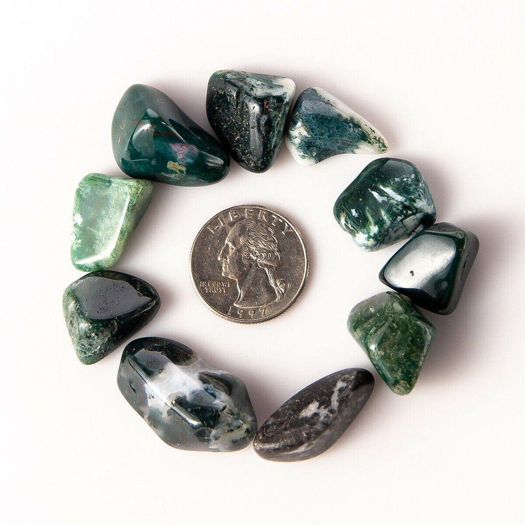 Kolekce trumpovaných drahokamů Fluorit, Turritella, zelený mechový achát a zelený aventurín