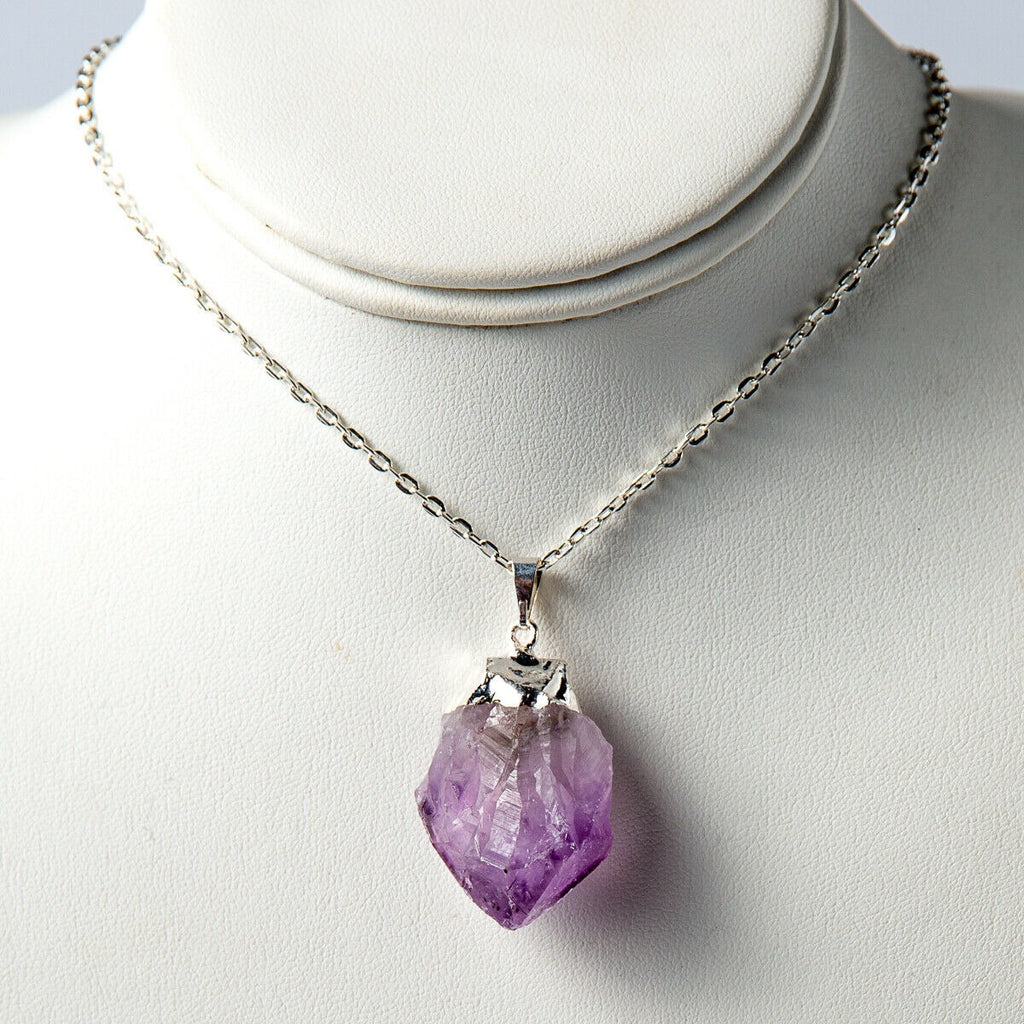 Beautiful Purple Rough Amethyst Crystal Point Necklace Pendant and Chain