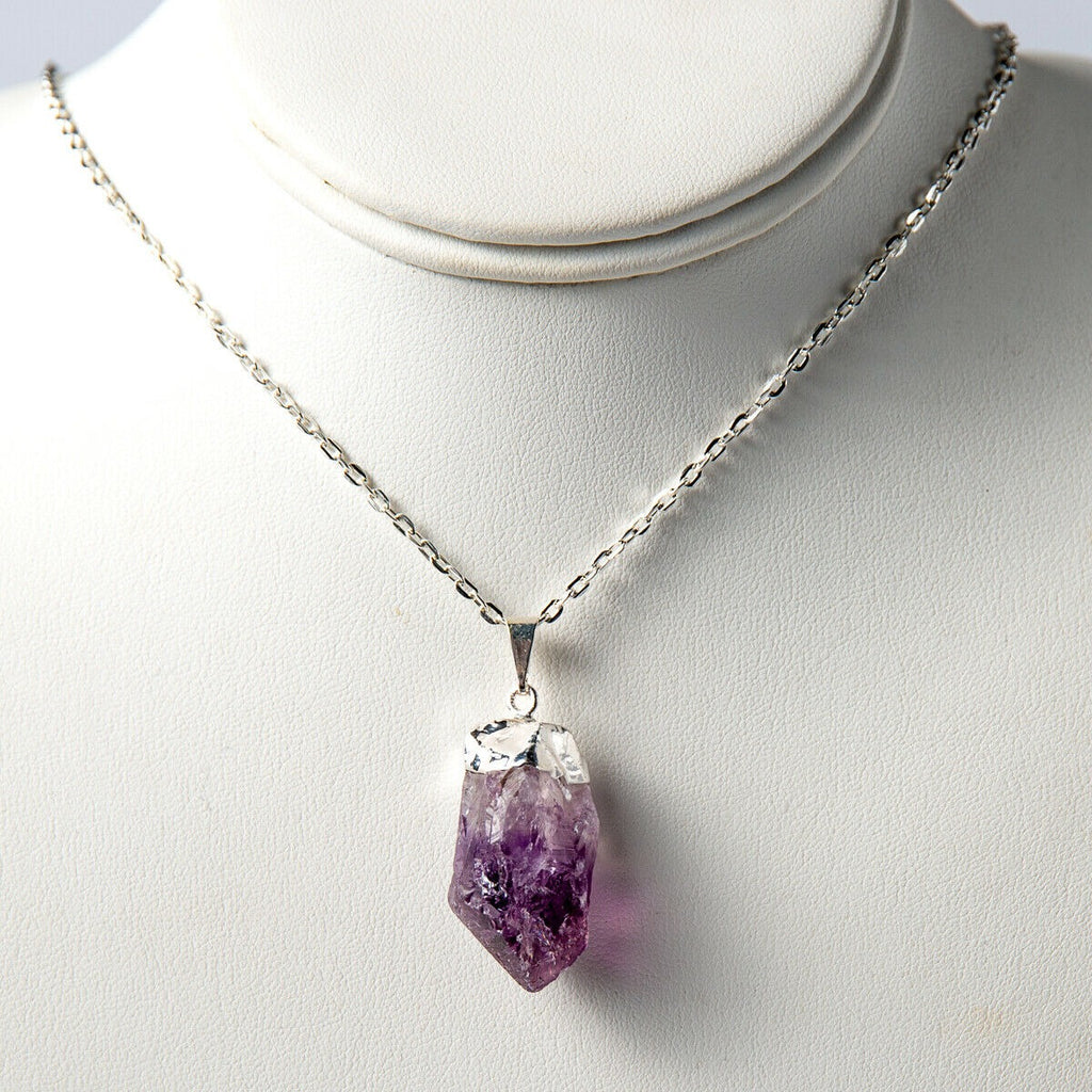 Purple Rough Amethyst Crystal Point Necklace Pendant and Chain