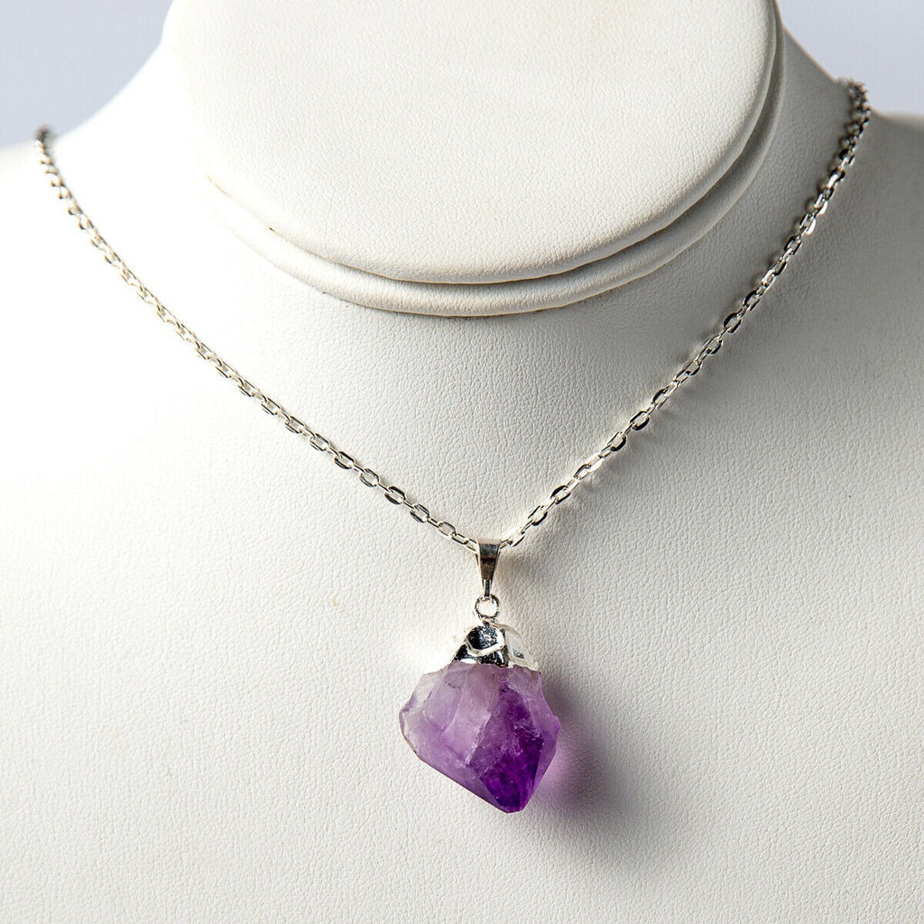  Purple Rough Amethyst Crystal Point Necklace Pendant and Chain