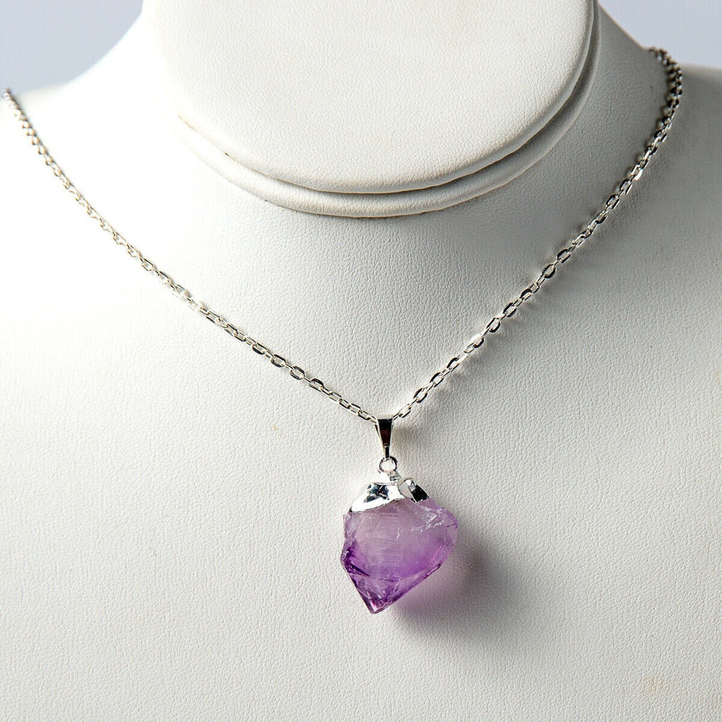 Purple Rough Amethyst Crystal Point Necklace Pendant and Chain