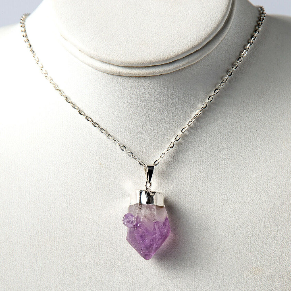 Purple Rough Amethyst Crystal Point Necklace Pendant and Chain