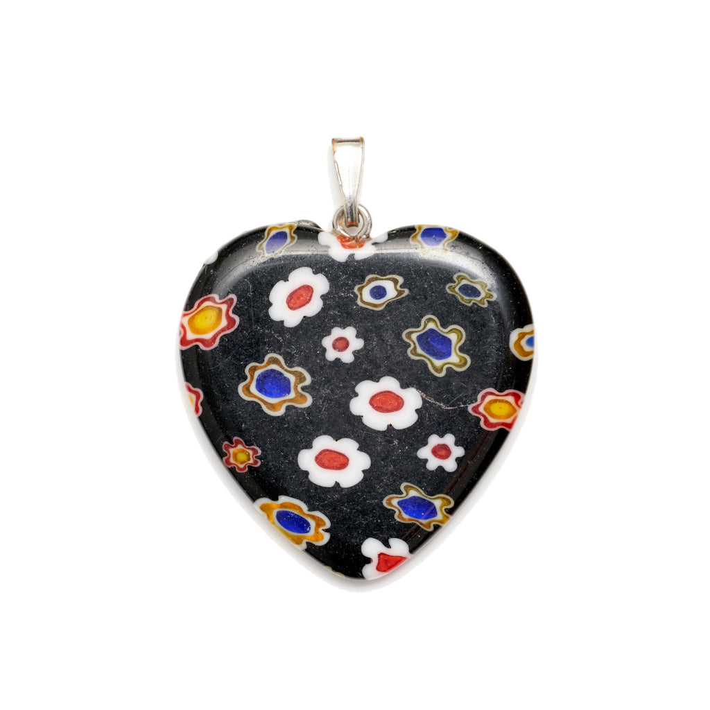 Black, White, Red, Blue, Yellow, & Orange Millefiori Glass Heart Pendant