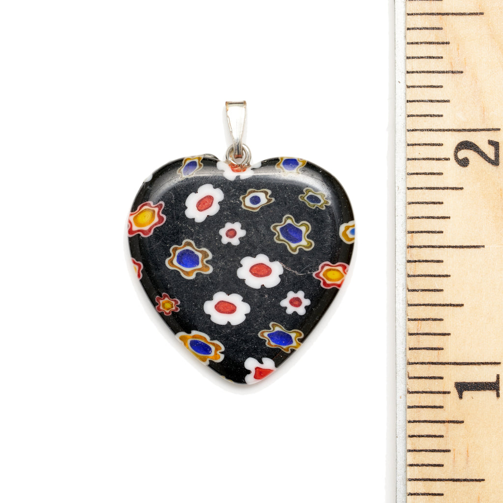 Black Multi Color Millefiori Glass Heart Pendant with a Ruler for Size