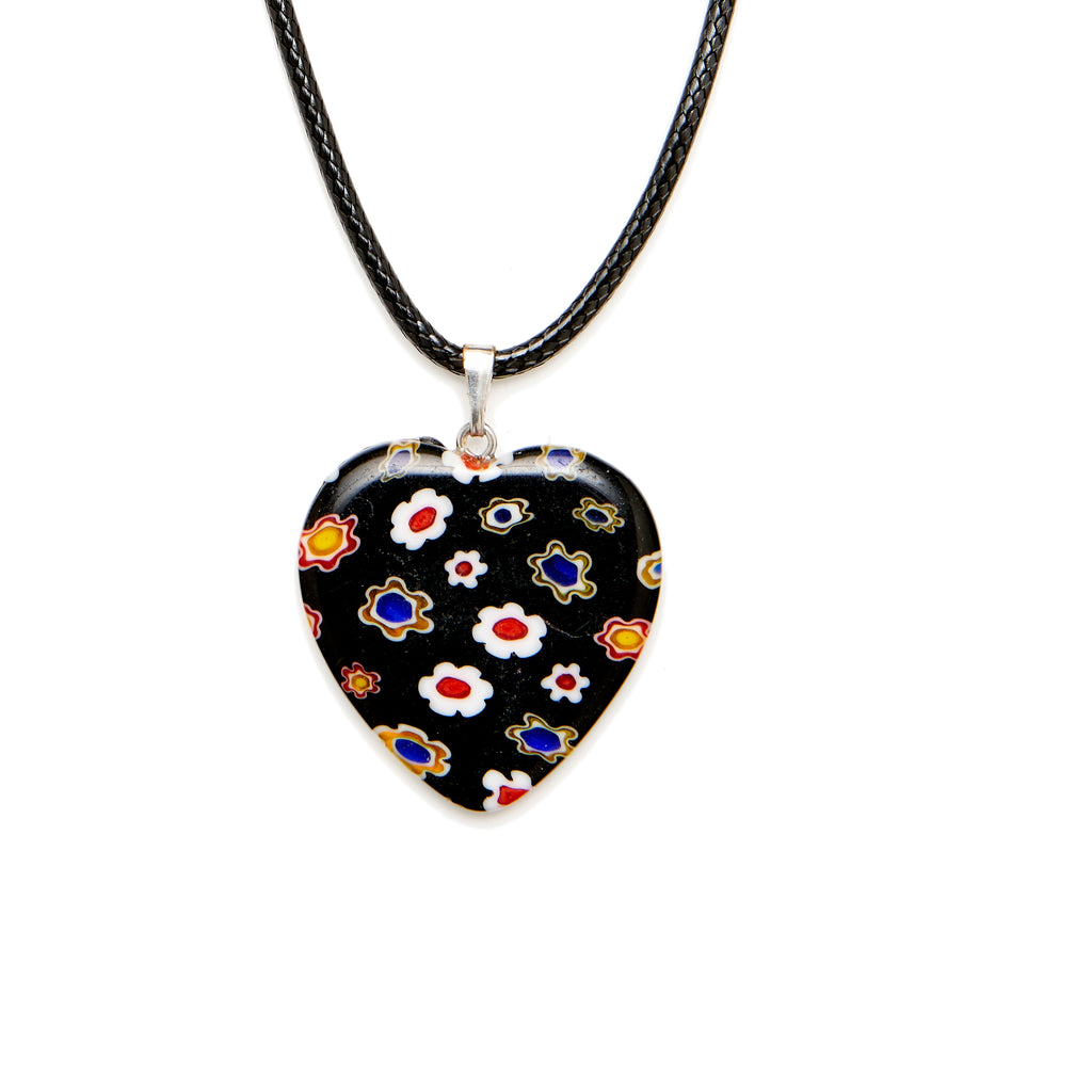 Black Multi Color Millefiori Glass Heart Pendant with a Black Necklace Cord