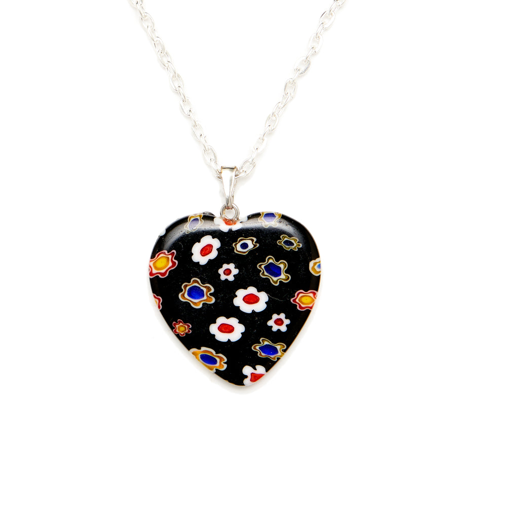 Black Multi Color Millefiori Glass Heart Pendant with a Silver Necklace Chain