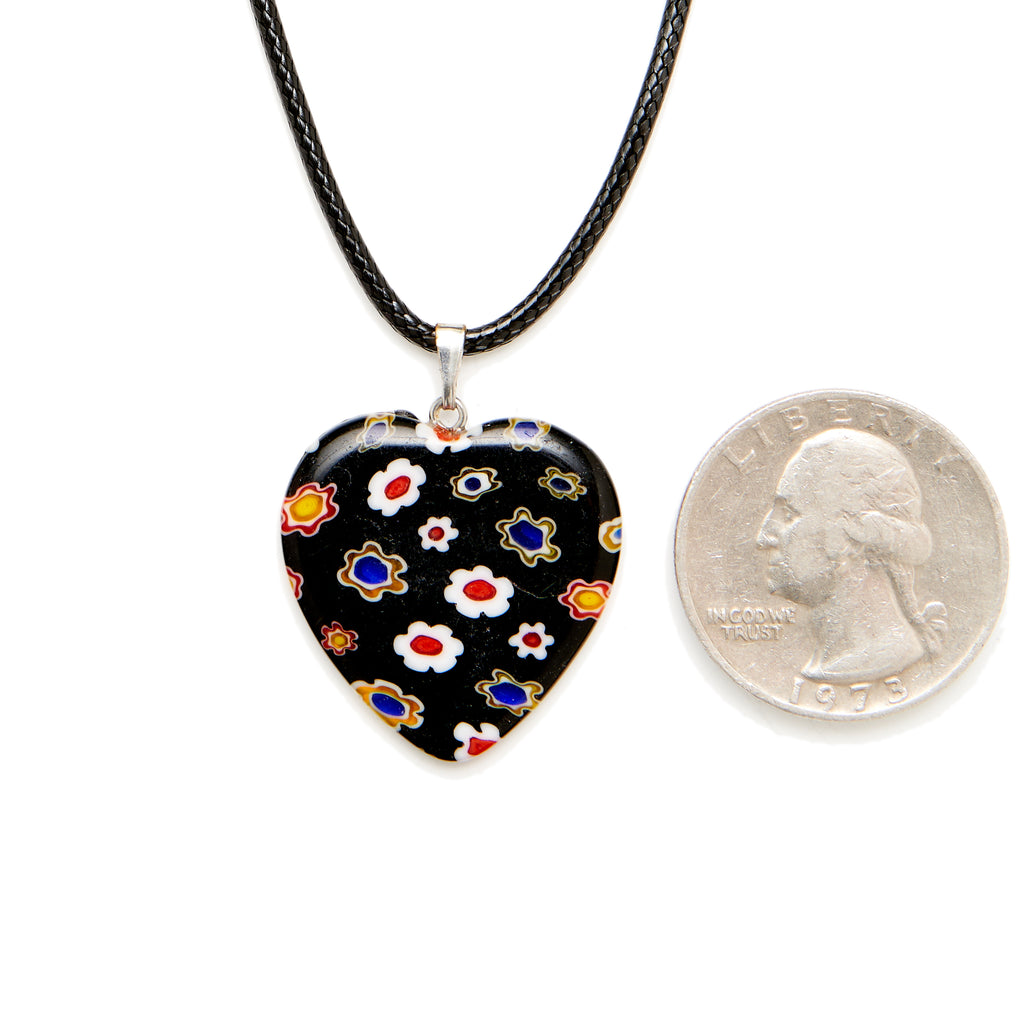 Black Multi Color Millefiori Glass Heart Pendant with a Quarter for Size
