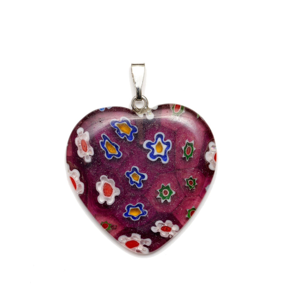 Purple/Red Millefiori Glass Heart Pendant