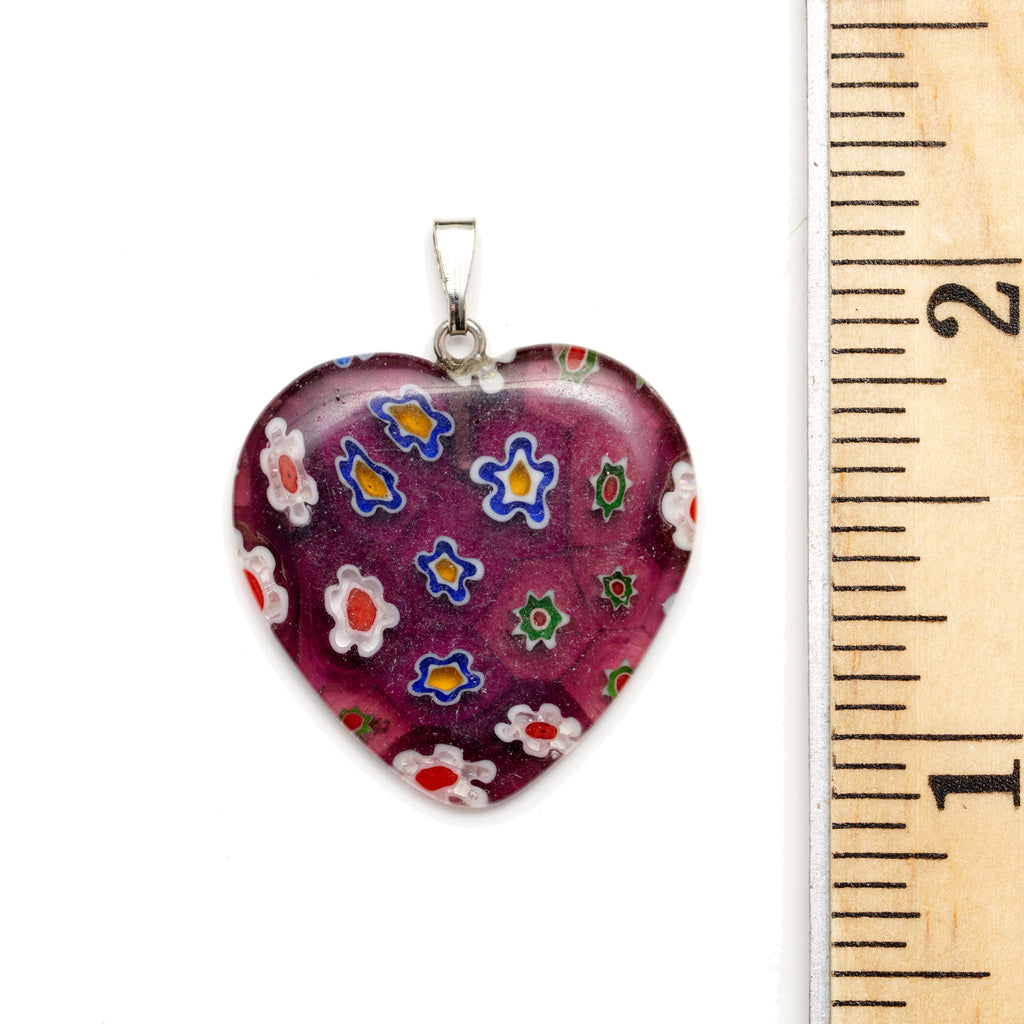 Purple/Red Millefiori Glass Heart Pendant with a Ruler for Size