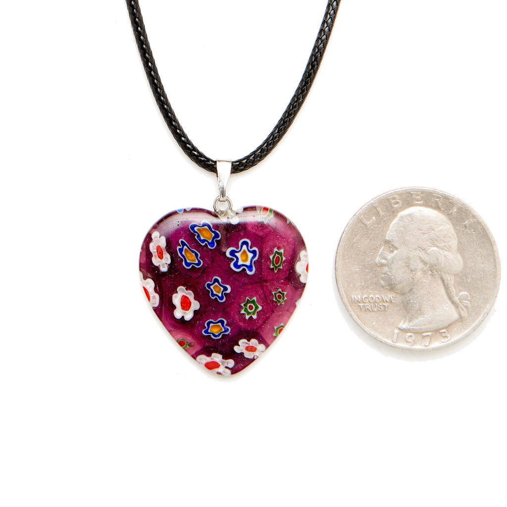 Purple/Red Millefiori Glass Heart Pendant with a Quarter for Size