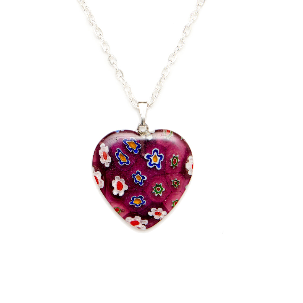Purple/Red Millefiori Glass Heart Pendant with a Silver Necklace Chain