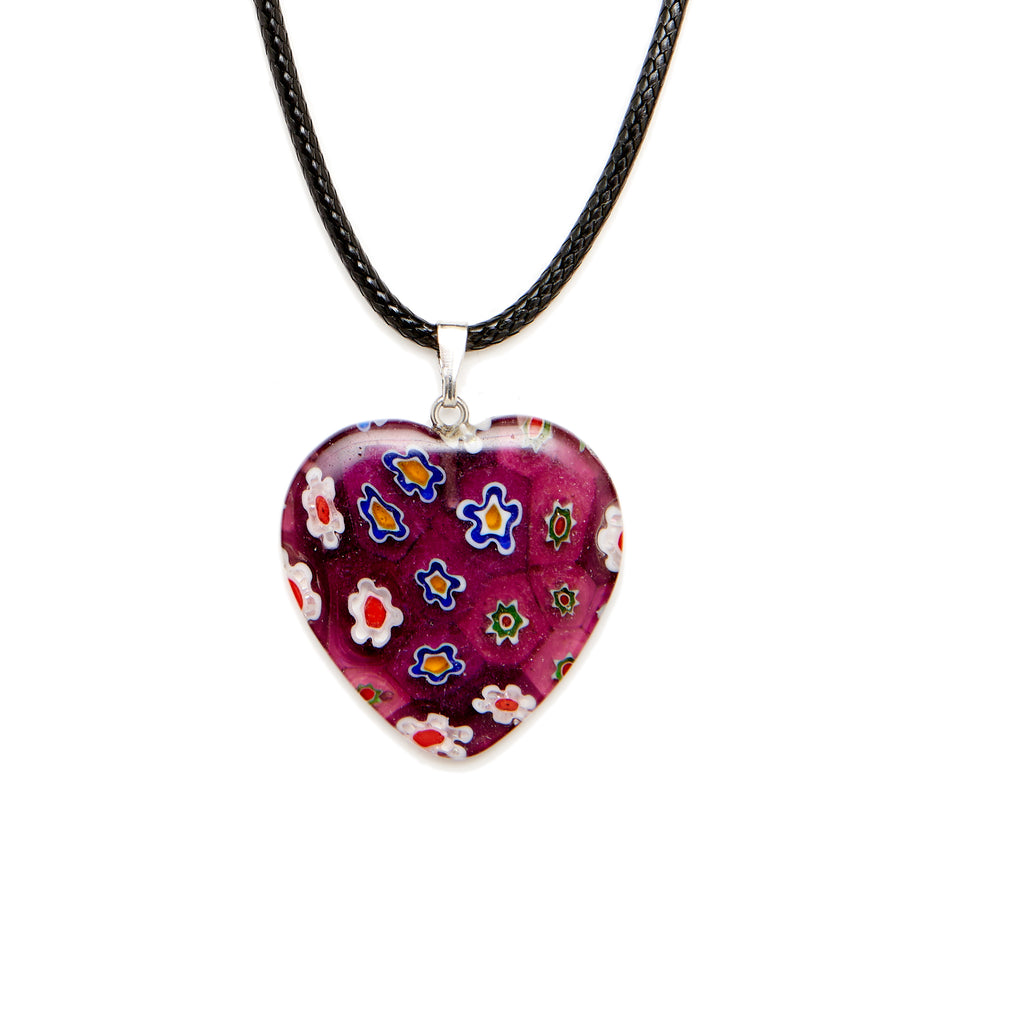 Purple/Red Millefiori Glass Heart Pendant with a Black Necklace Cord