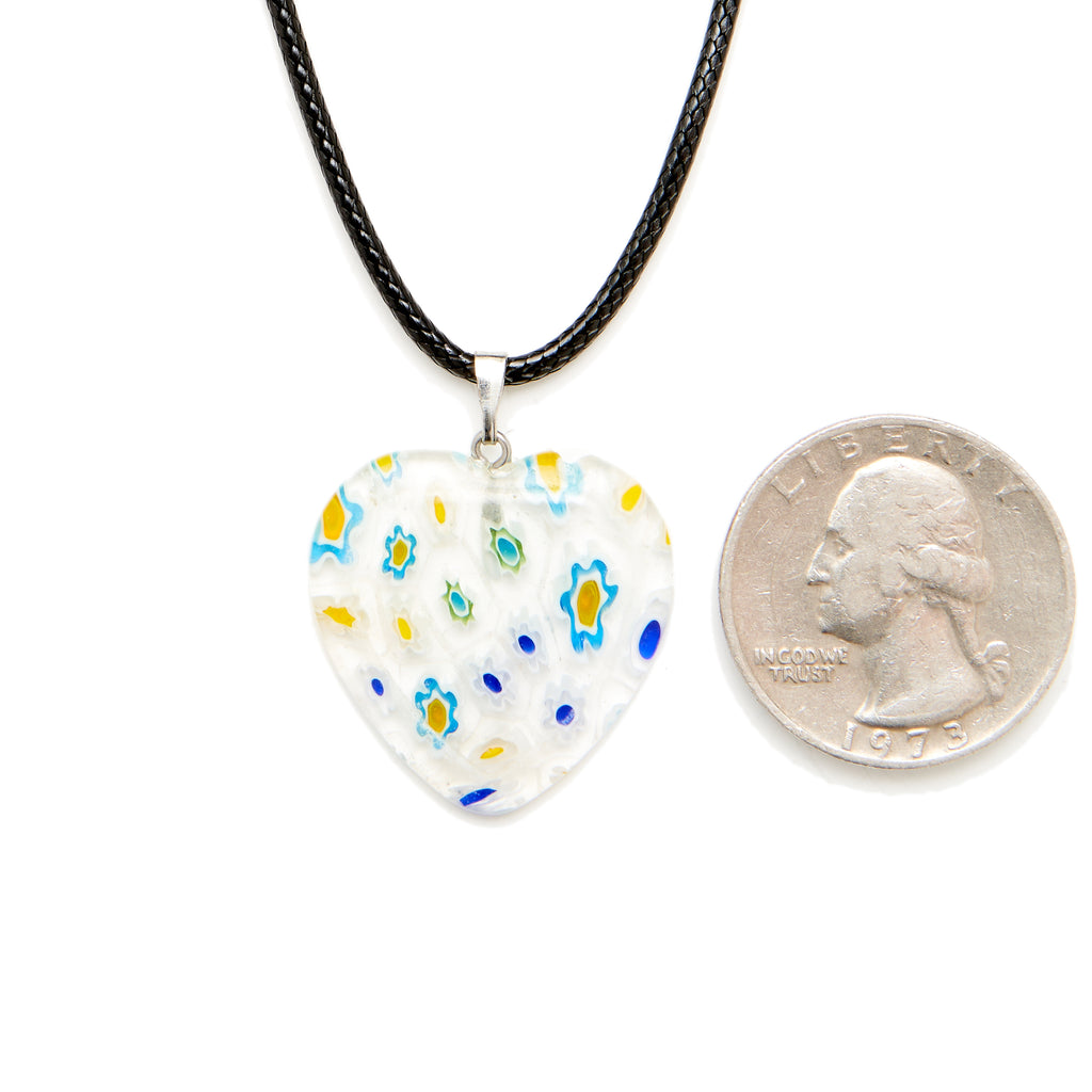 NEW! Millefiori Glass Clear, Blue, Yellow, & Green Heart Shape Necklace