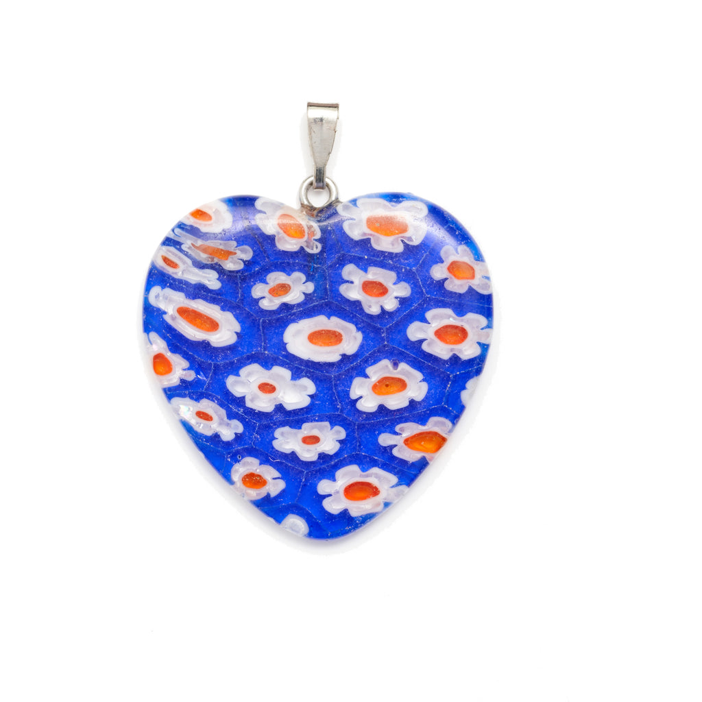 Blue, White, & Red Millefiori Glass Heart Pendant