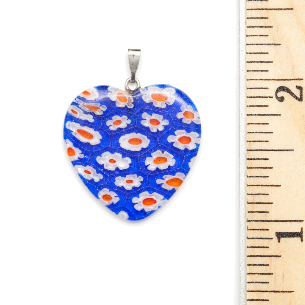Blue, White, & Red Millefiori Glass Heart Pendant with a Ruler for Size