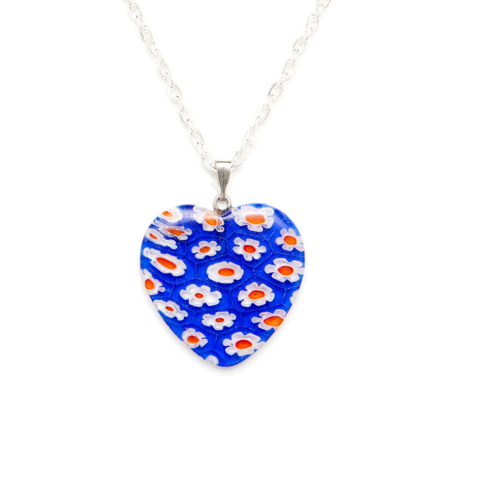 Blue, White, & Red Millefiori Glass Heart Pendant with a Silver Necklace Chain
