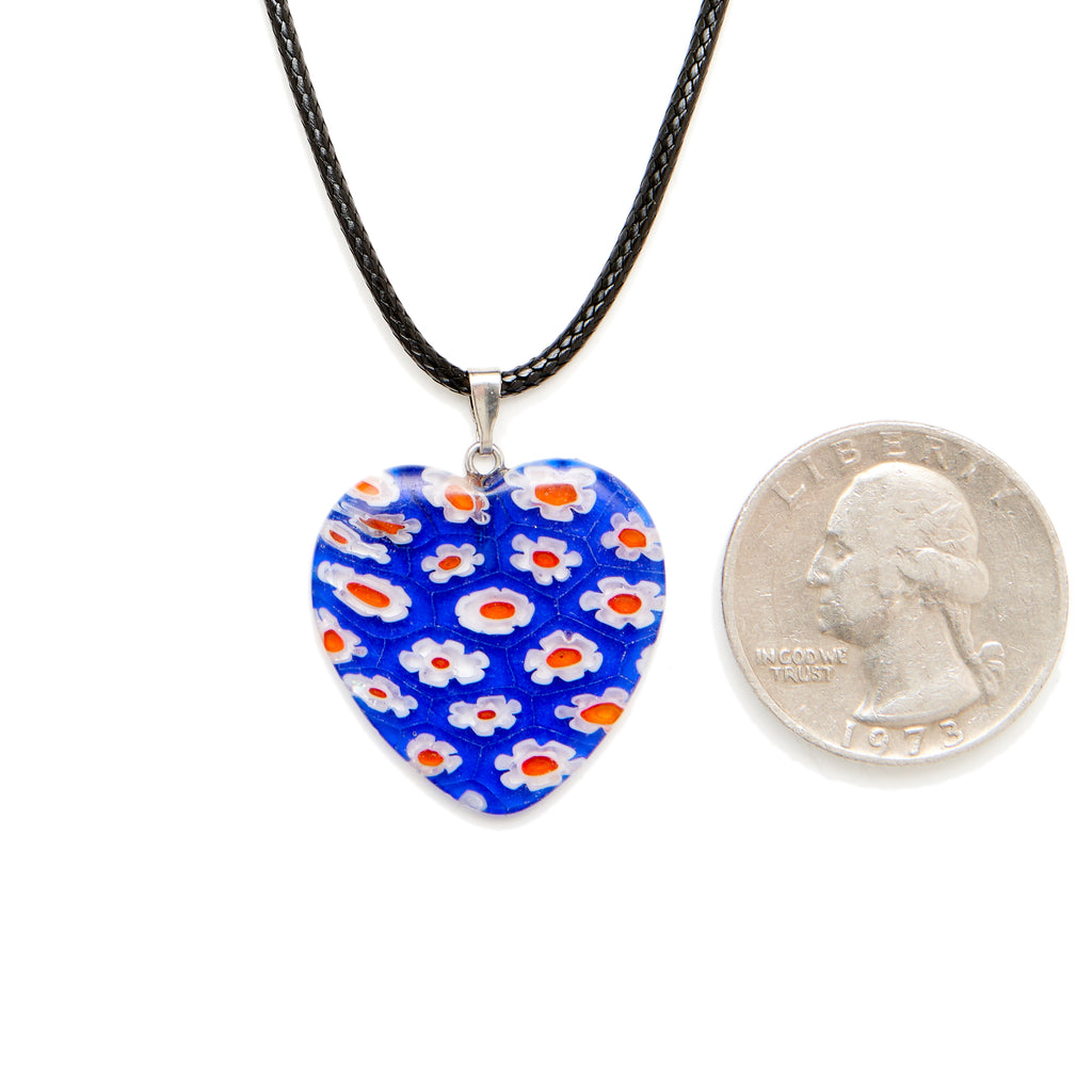 Blue, White, & Red Millefiori Glass Heart Pendant with a Quarter for Size