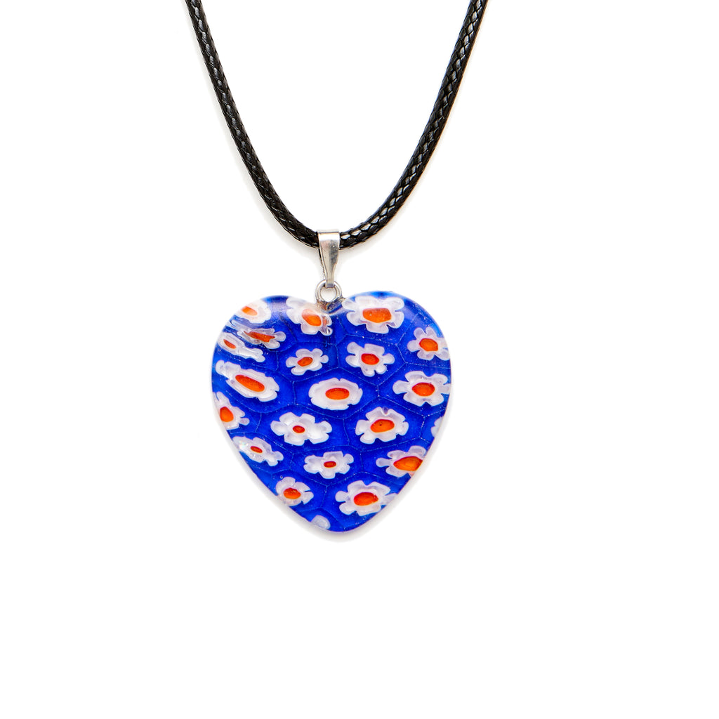 Blue, White, & Red Millefiori Glass Heart Pendant with a Black Necklace Cord