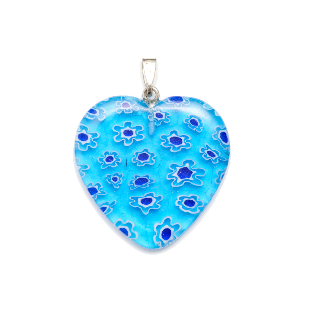 Multi Blue Millefiori Glass Heart Pendant