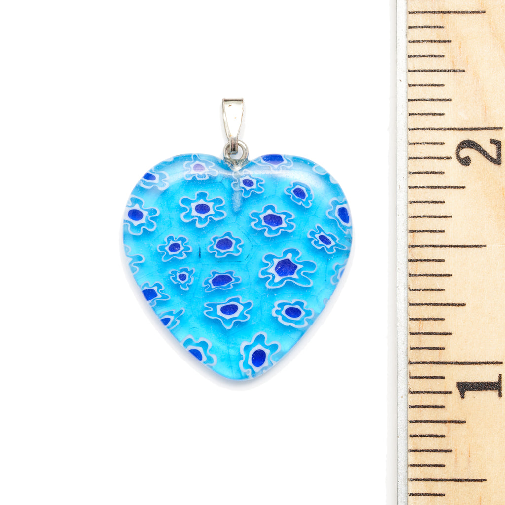 Multi Blue Millefiori Glass Heart Pendant with a Ruler for Size