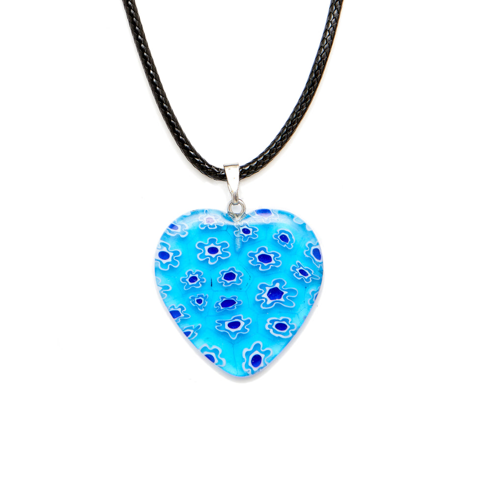 Multi Blue Millefiori Glass Heart Pendant with a Black Necklace Cord