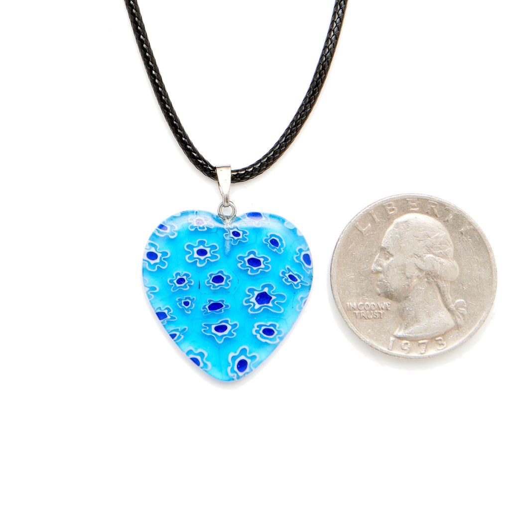 Multi Blue Millefiori Glass Heart Pendant with a Quarter for Size