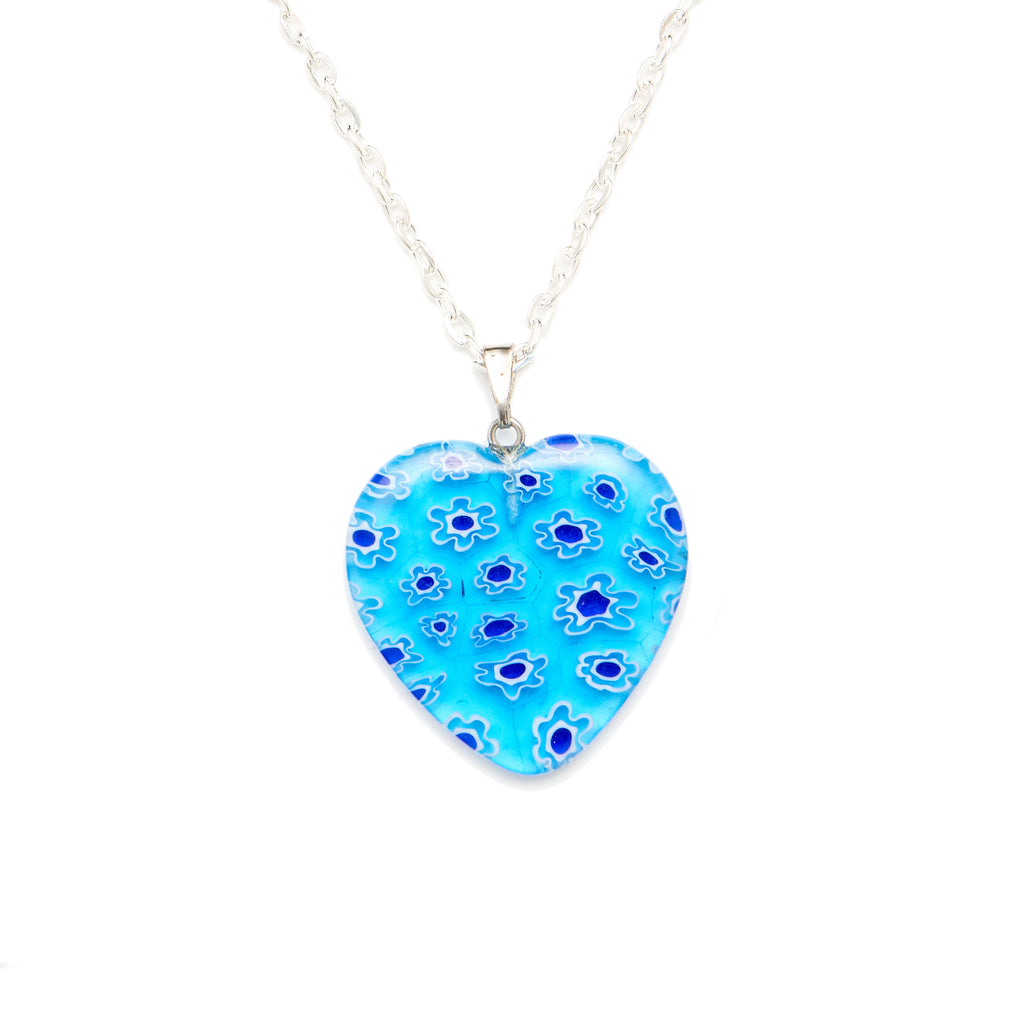 Multi Blue Millefiori Glass Heart Pendant with a Silver Necklace Chain