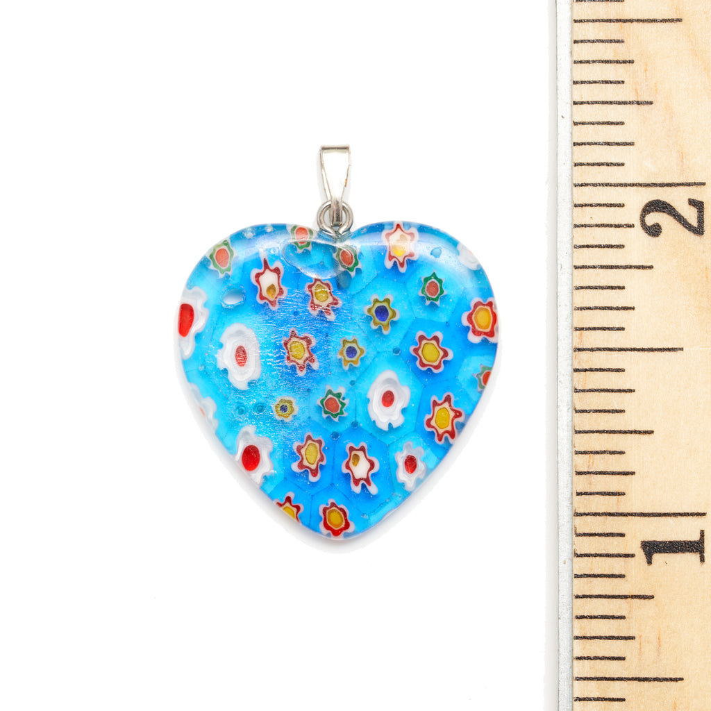 Blue Millefiori Heart Pendant with Ruler for Size