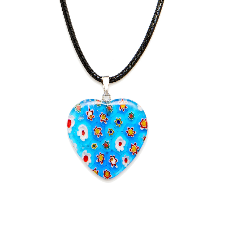 Blue Millefiori Heart Pendant with Black Cord Necklace