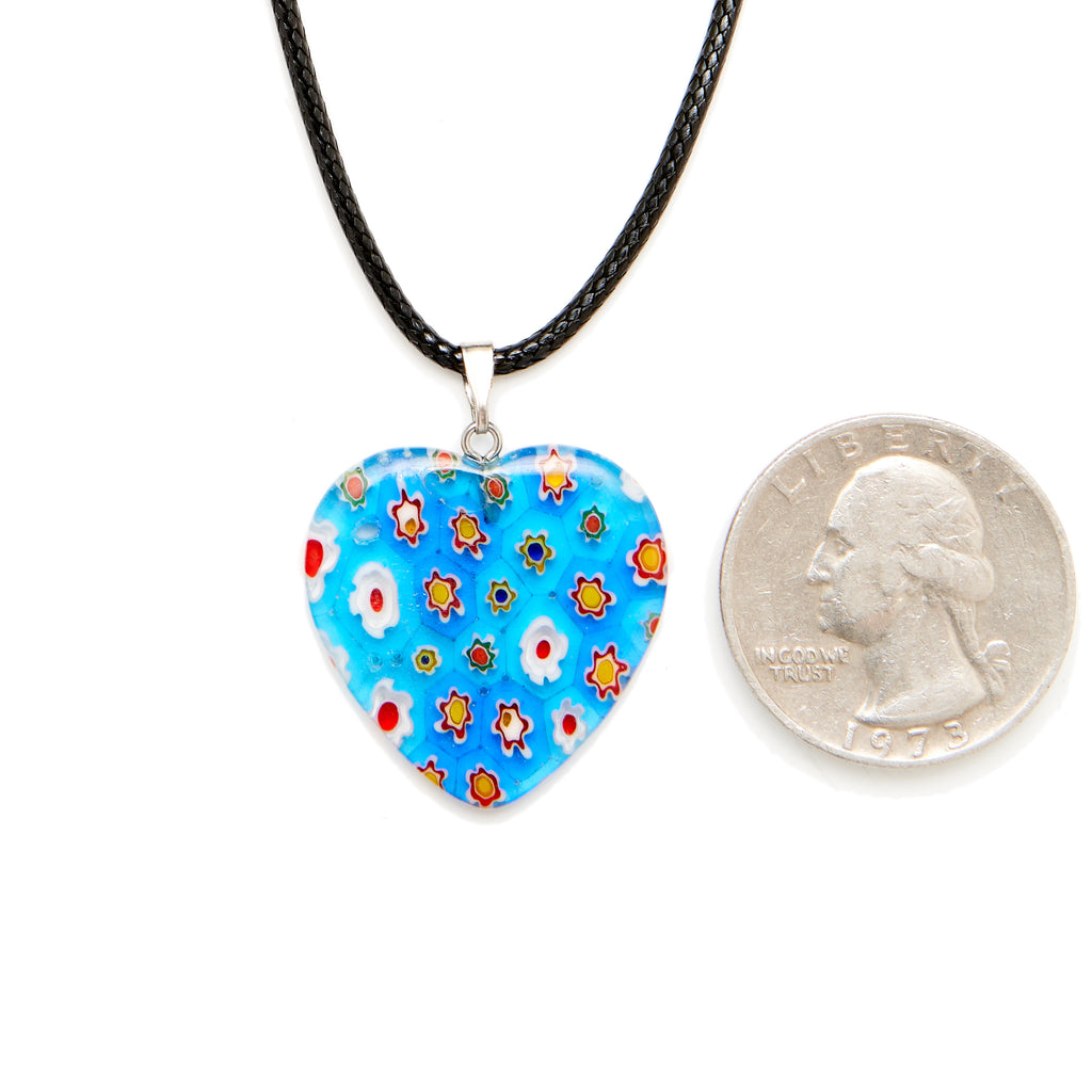 Blue Millefiori Heart Pendant with Quarter for Size