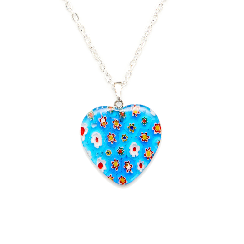 Blue Millefiori Heart Pendant with Silver Chain Necklace