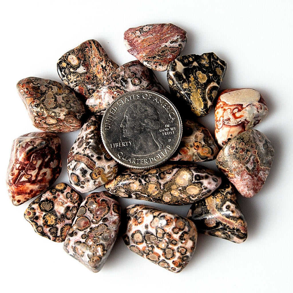 Kolekce trumpovaných drahokamů Rose Quartz, Leopard Jaspis a Smoky Quartz