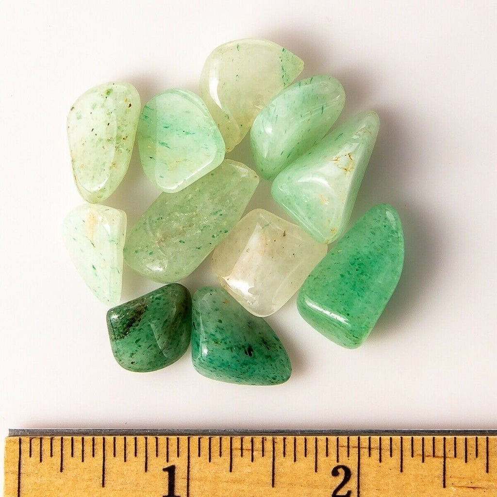 Small Tumbled Green Aventurine Gemstones with a Ruler for Size