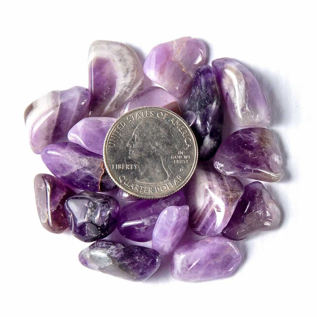 Small Tumbled Banded Amethyst Gemstones with Quarter for Size