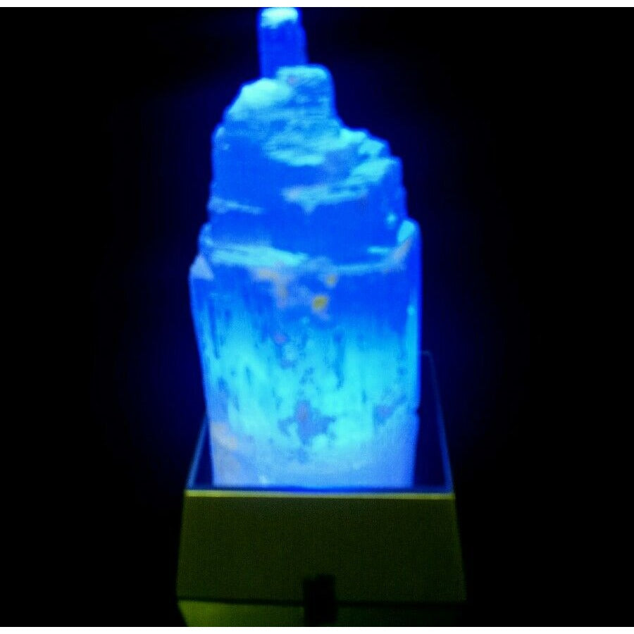 One Selenite Gypsum Crystal Castle Skyscraper with Multi-Colored Turntable Light