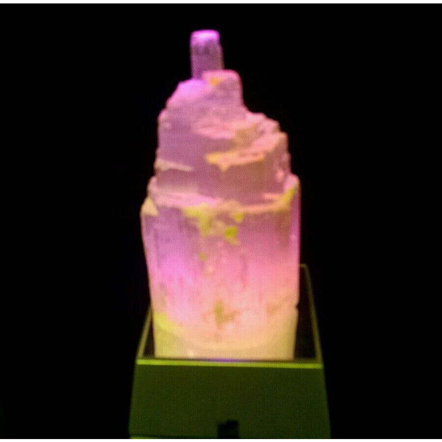 One Selenite Gypsum Crystal Castle Skyscraper with Multi-Colored Turntable Light