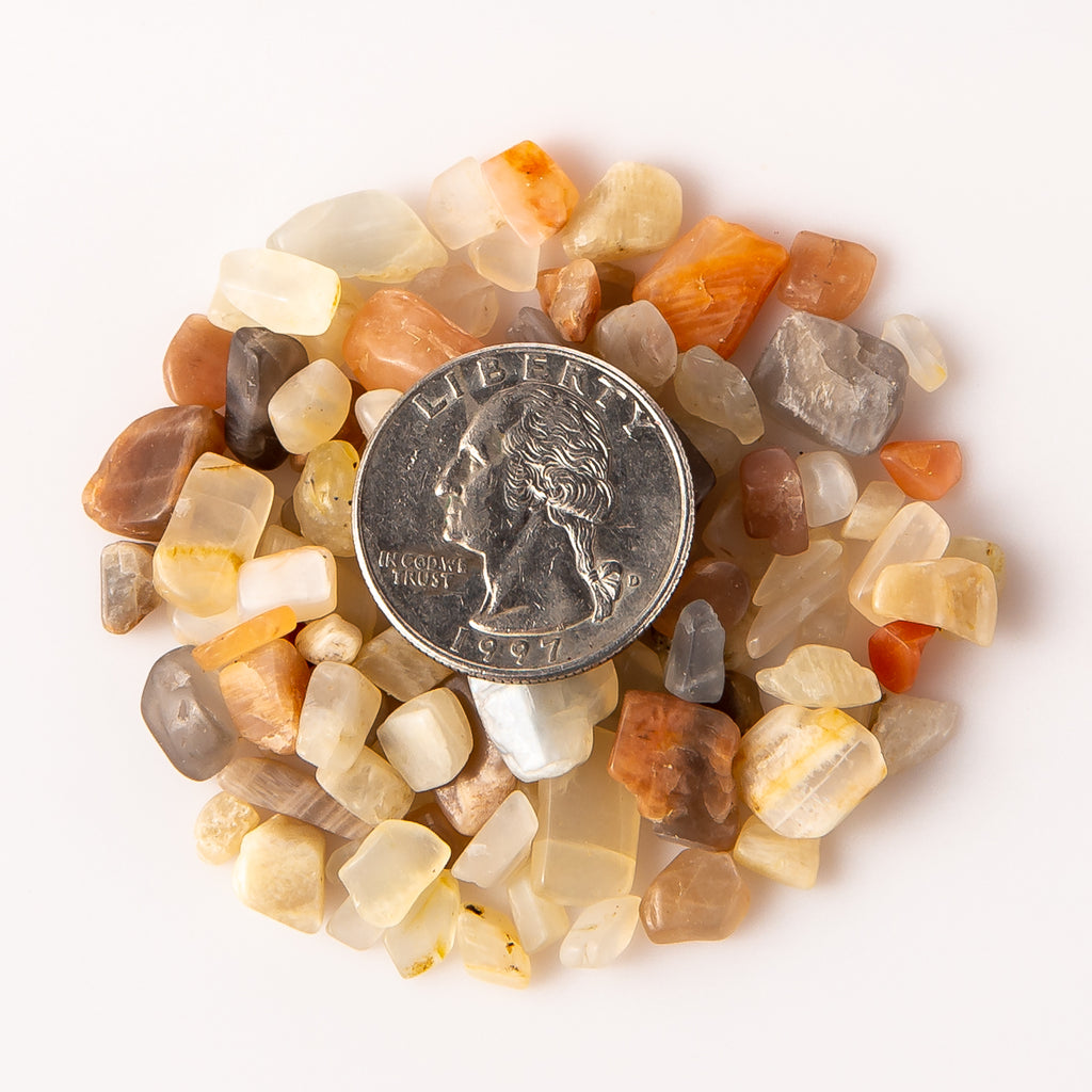 Tumbled Earth Tones Moonstone Gemstone Crystal Chips with a Quarter for Size
