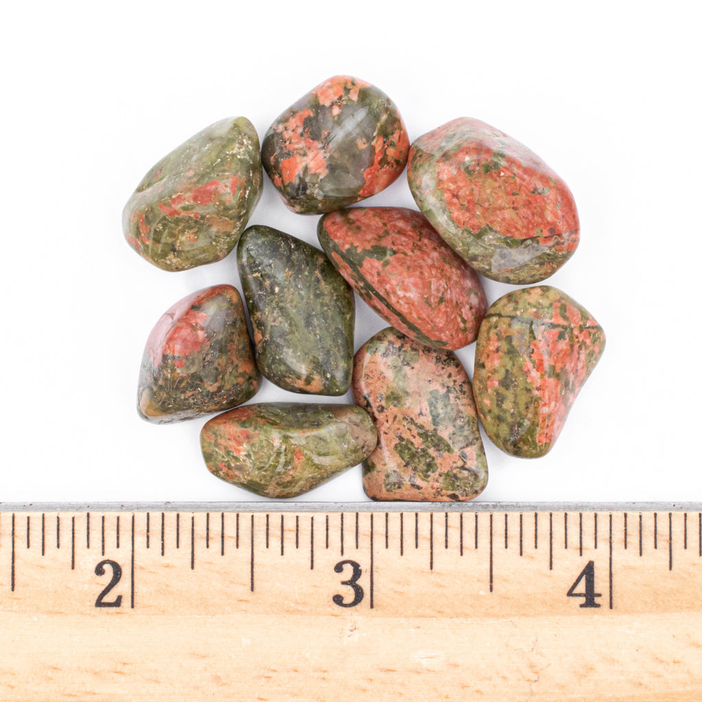 Small Tumbled Unakite Gemstones with a ruler for size