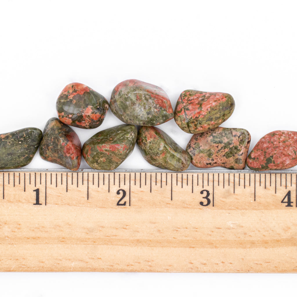 Small Tumbled Unakite Gemstones with a ruler for size