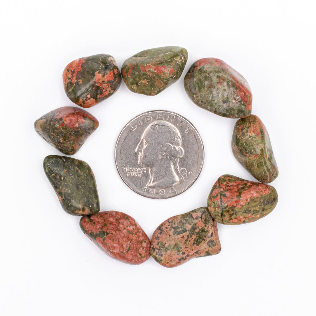 Small Tumbled Unakite Gemstones with a quarter for size
