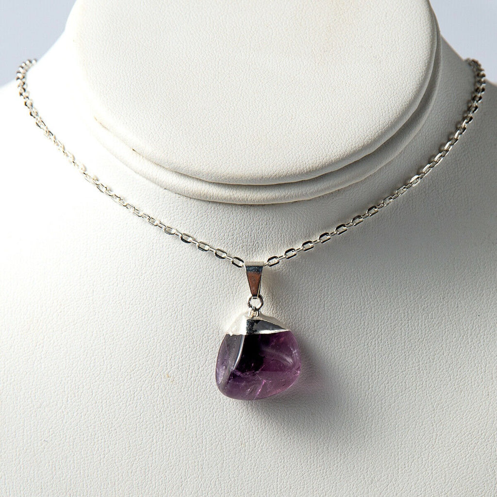 Polished Amethyst Crystal Necklace on a silver chain