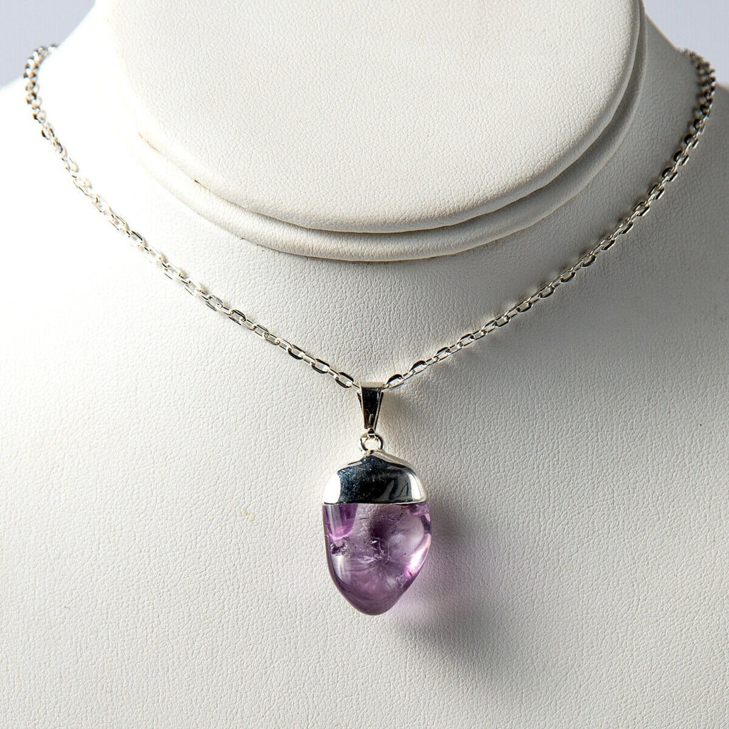 Polished Amethyst Crystal Necklace on a silver chain