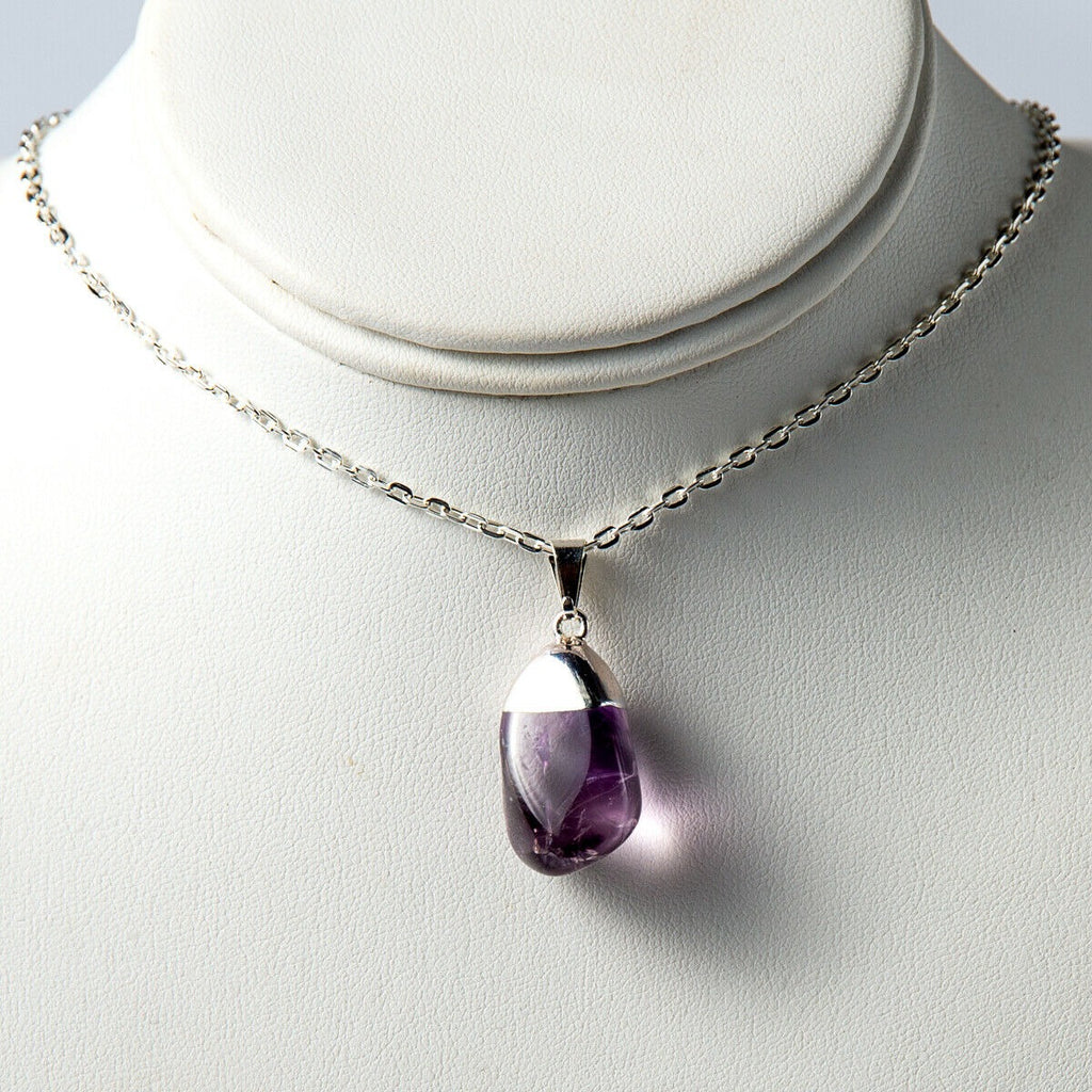 Polished Amethyst Crystal Necklace on a silver chain