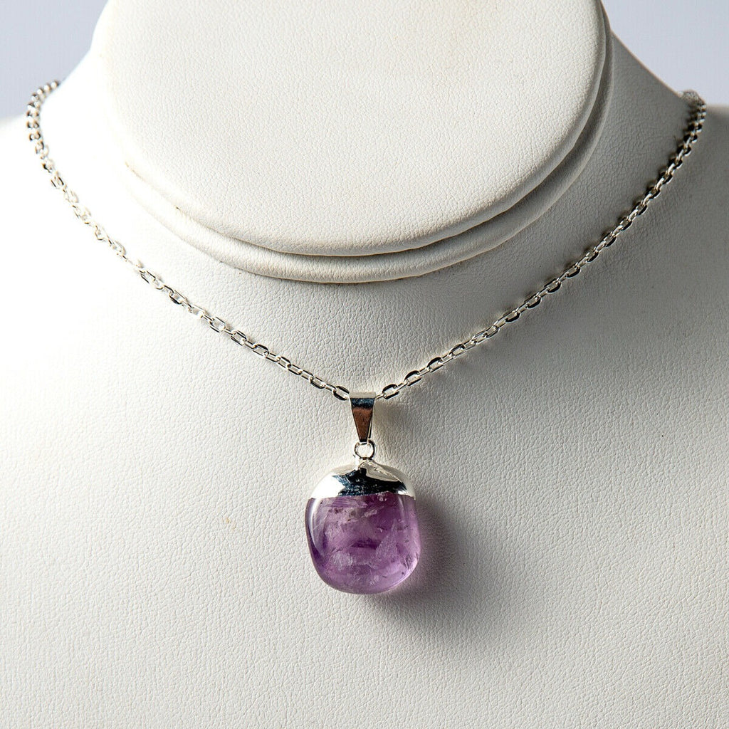 Polished Amethyst Crystal Necklace on a silver chain