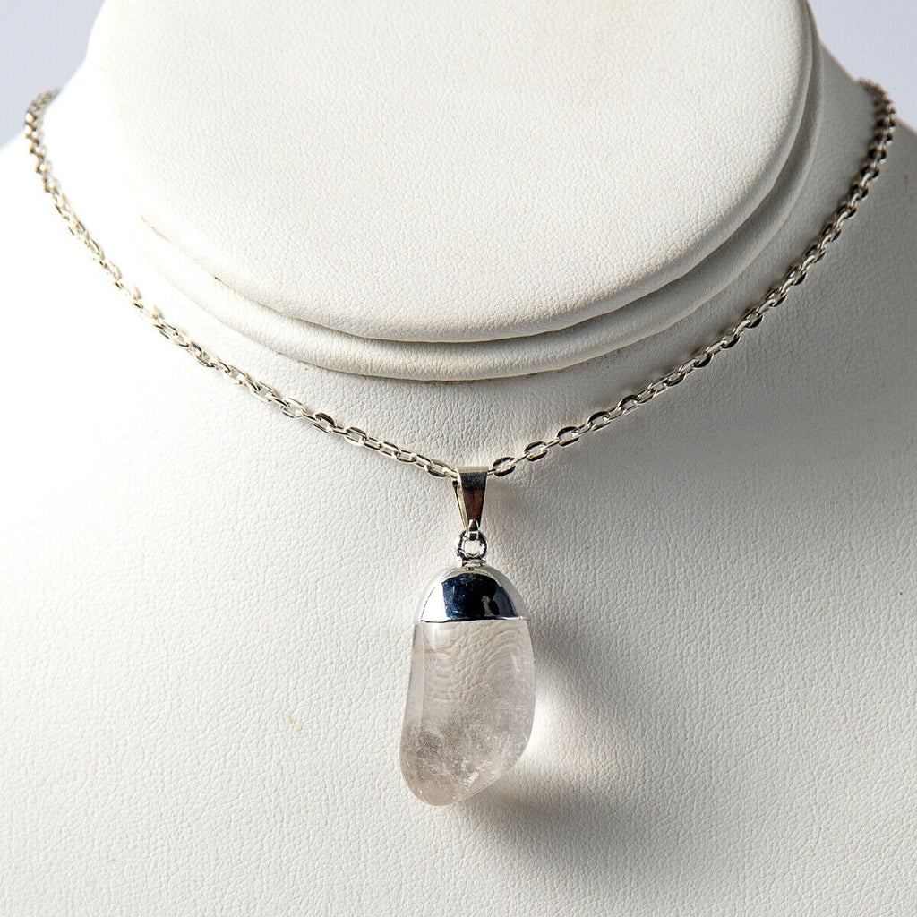 Polished Clear Quartz Fashion Necklace Pendant and Chain