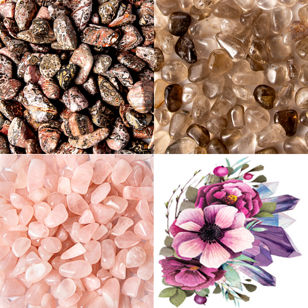 Tumbled Gemstone Collection Rose Quartz, Leopard Jasper, & Smoky Quartz