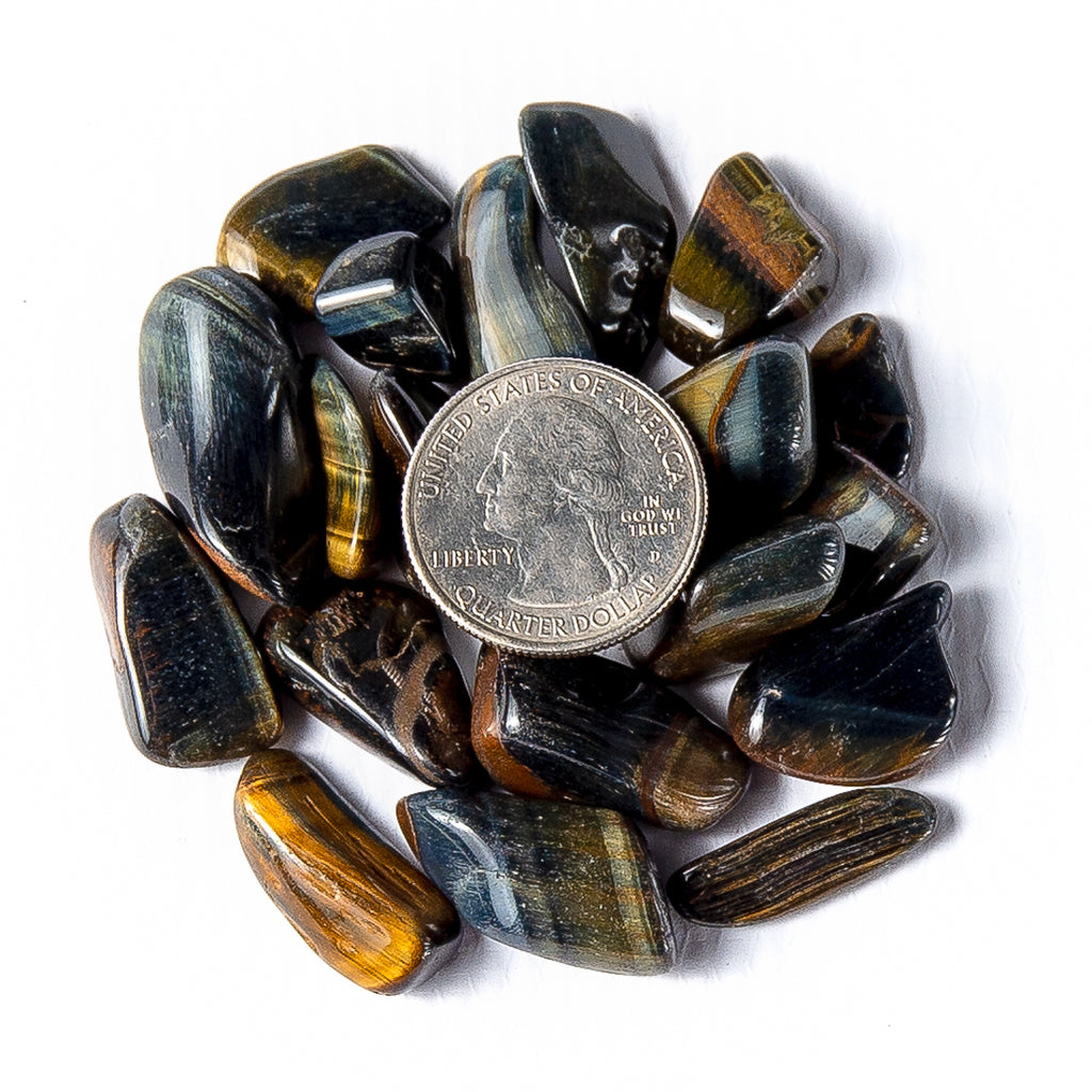 Small Tumbled Blue Variegated Tigers Eye Gemstones with a Quarter for Size